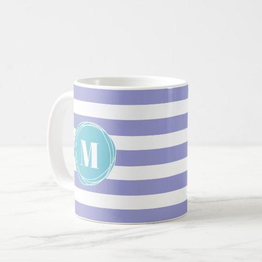 Monogram witte strepen lavender koffiemok (Voorkant links)