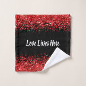 Monogram - Witte tekst op zwart met rode glitter | Bad Handdoek (Wasdoekje)