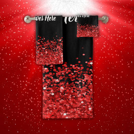 Monogram - Witte tekst op zwart met rode glitter | Bad Handdoek