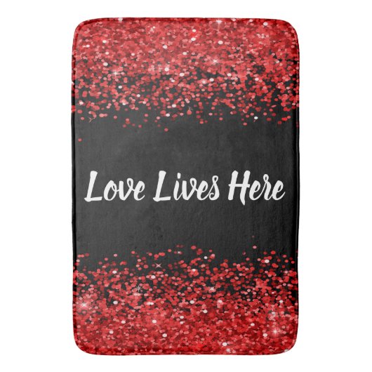 Monogram - Witte tekst op zwart met rode glitter | Badmat (Voorkant Verticaal)