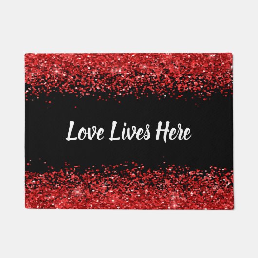 Monogram - Witte tekst op zwart met rode glitter | Deurmat (Voorkant)