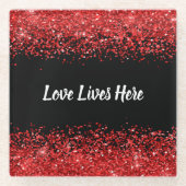 Monogram - Witte tekst op zwart met rode glitter | Glazen Onderzetter (Voorkant)