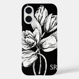 Monogram witte Tulieren op zwart iPhone 16 Hoesje