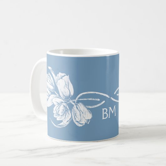Monogram Witte Tulpen op Dusk Blue Koffiemok (Voorkant links)
