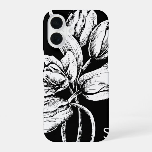 Monogram Witte Tulpen op Zwart iPhone 16 Hoesje (Achterkant)