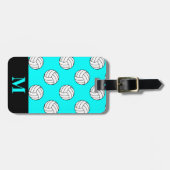 Monogram witte volleybal, aqua blauw bagagelabel (Voorkant horizontaal)