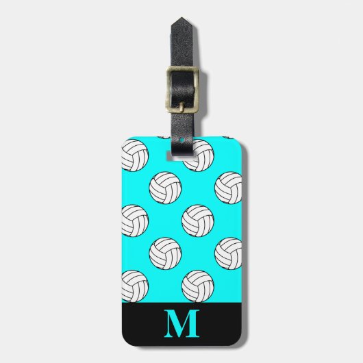Monogram witte volleybal, aqua blauw bagagelabel (Voorkant verticaal)