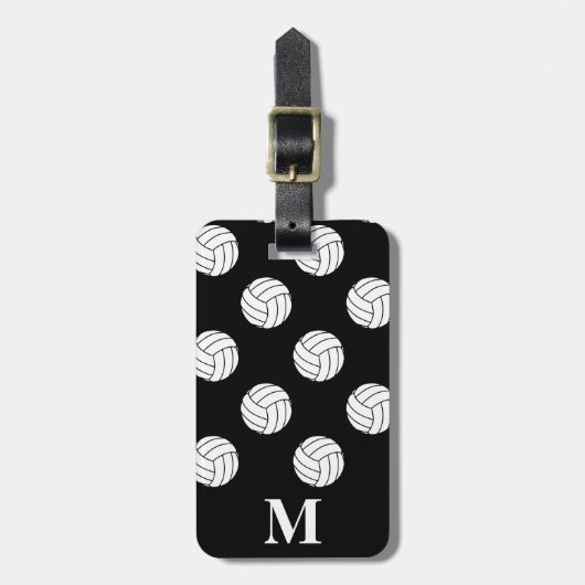 Monogram witte volleybal, zwarte bagagelabel (Voorkant verticaal)