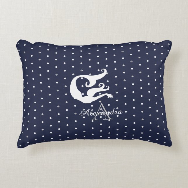 Monogram Witte zeemeermin op marineblauw Accent Kussen (Voorkant)
