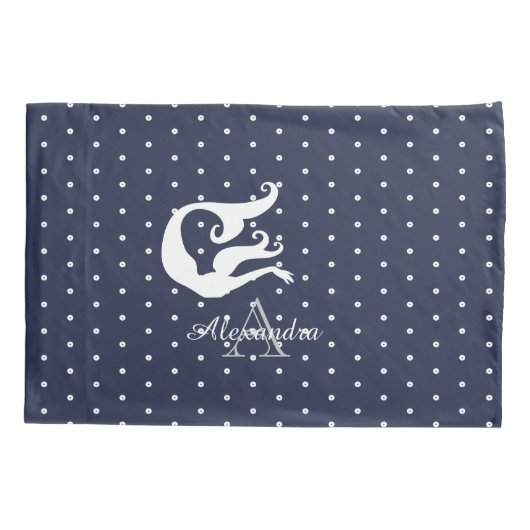 Monogram Witte zeemeermin op marineblauw Kussensloop (Achterkant)