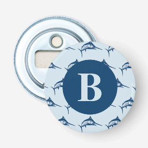 Monogram wolblauw zwaardvis button flesopener