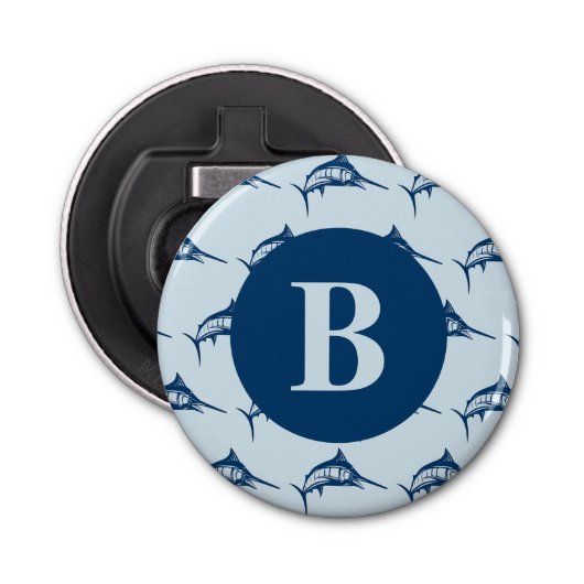 Monogram wolblauw zwaardvis button flesopener (Voorkant)