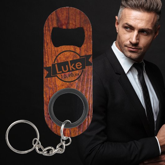 Monogram Wood Grain Foto Weddenschap Sleutelhanger Flessenopener