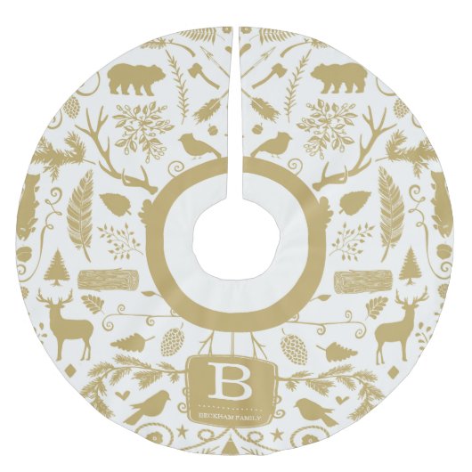 Monogram Woodland Holiday Tree Skirt / Gold Kerstboom Rok (Voorkant)