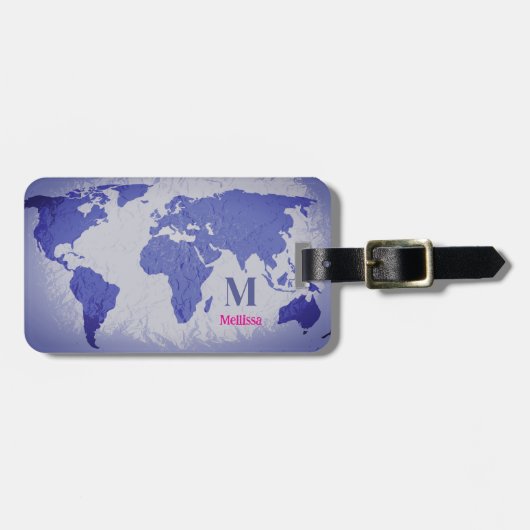 Monogram World Map Blue Pink Name Gift Favor Bagagelabel (Voorkant horizontaal)