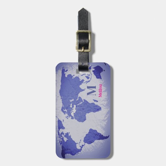 Monogram World Map Blue Pink Name Gift Favor Bagagelabel (Voorkant verticaal)