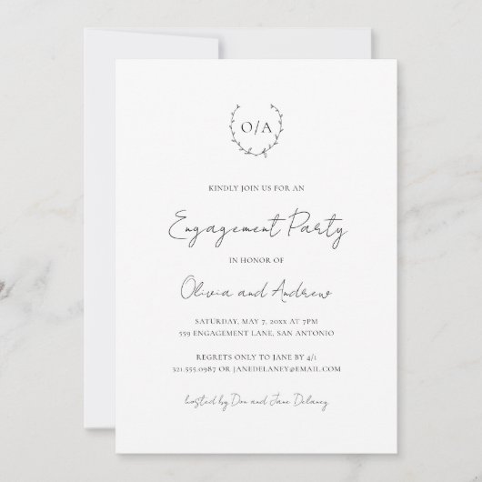 Monogram Wreatclassic Elegant Engagement Party Kaart (Voorkant)