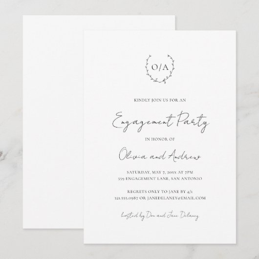 Monogram Wreatclassic Elegant Engagement Party Kaart (Voorkant / Achterkant)