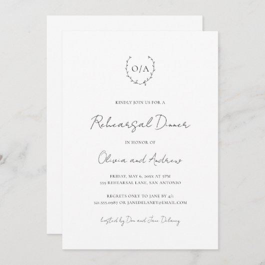 Monogram Wreatclassic Elegant Rehearsal Dinner Kaart (Voorkant / Achterkant)