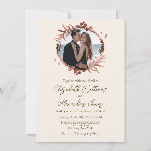 Monogram Wreated Roos Gold Foil Foto Wedding Kaart (Voorkant)