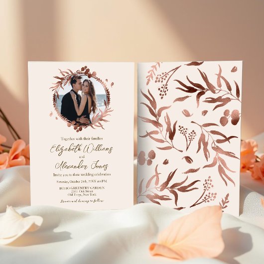 Monogram Wreated Roos Gold Foil Foto Wedding Kaart