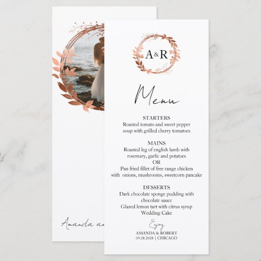 Monogram Wreated Roos Gold Foil Foto Wedding Menu (Voorkant / Achterkant)