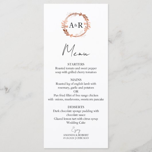 Monogram Wreated Roos Gold Foil Foto Wedding Menu (Voorkant)