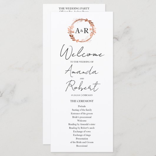 Monogram Wreated Roos Gold Foil Wedding Program (Voorkant / Achterkant)