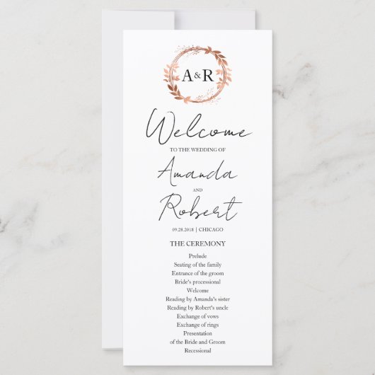 Monogram Wreated Roos Gold Foil Wedding Program (Voorkant)