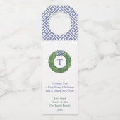 Monogram Wreater Blue White Bow Merry Kerstmis Flessenhanger (Voorkant)