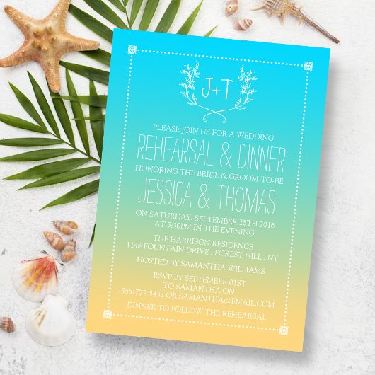 Monogram Wreath Beach Ombre Rehearsal Dinner Kaart