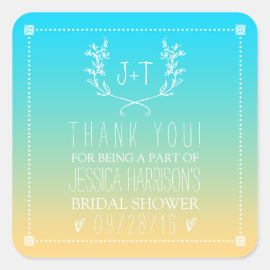Monogram Wreath Beach Ombre Vrijgezellenfeest Vierkante Sticker (Voorkant)