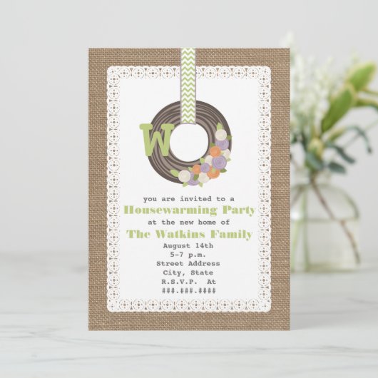 Monogram Wreath Burlap Geïnspireerde Housewarming Kaart (Staand voorkant)