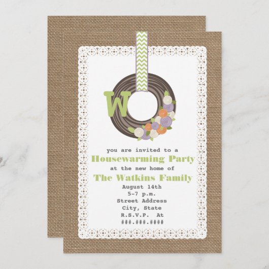 Monogram Wreath Burlap Geïnspireerde Housewarming  Kaart (Voorkant / Achterkant)