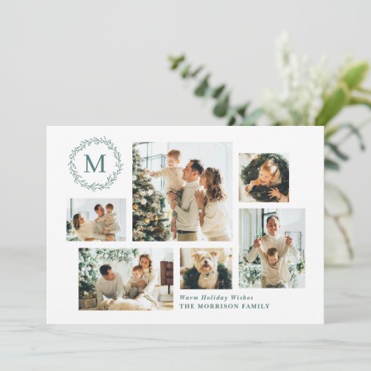 Monogram Wreath Christmas Card with 6 Photos Feestdagenkaart (Staand voorkant)