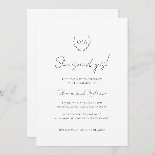 Monogram Wreath Crest Elegant Engagement Party Kaart (Voorkant / Achterkant)