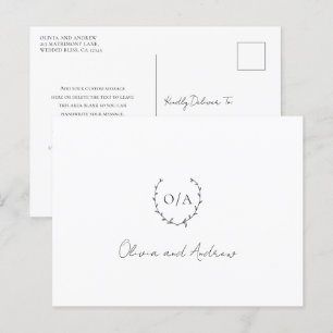 Monogram Wreath Crest Elegant Wedding Bedankt Briefkaart