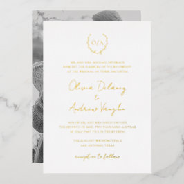 Monogram Wreath Crest Foto Elegant Wedding Gold Folie Uitnodiging