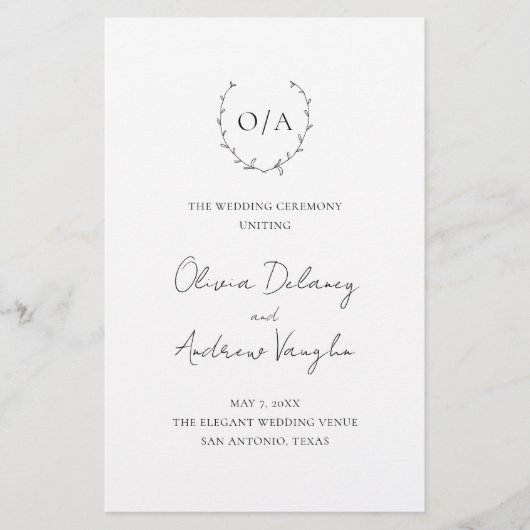 Monogram Wreath Elegant Budget Wedding Programme Flyer (Voorkant)