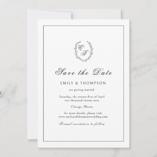 Monogram Wreath Elegant Wedding Save The Date (Voorkant)