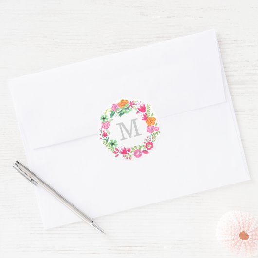 Monogram Wreath | Envelopzegel Ronde Sticker (Envelop)
