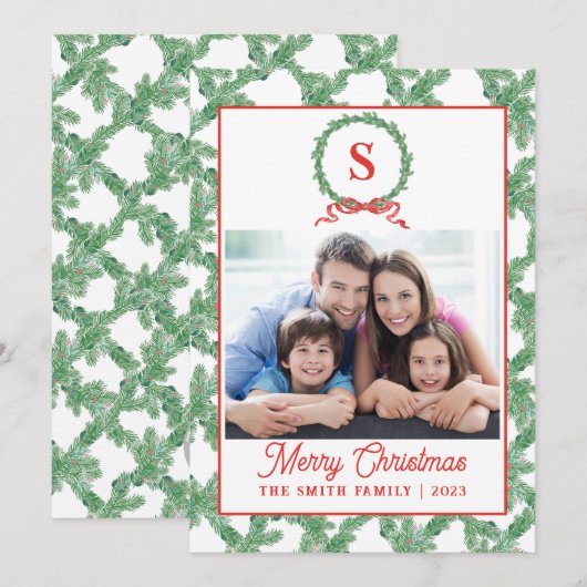 Monogram Wreath Kerst Krans met Boog Kerstkaart Kaart (Voorkant / Achterkant)
