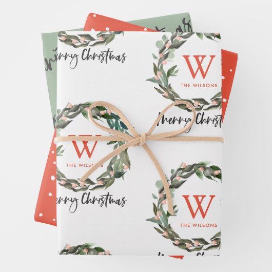 Monogram Wreath Merry Kerstfeestdag Inpakpapier Vel (In situ)