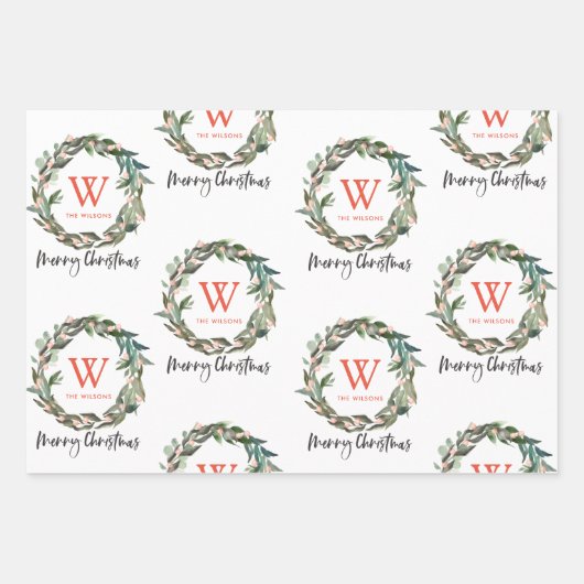 Monogram Wreath Merry Kerstfeestdag Inpakpapier Vel (Voorkant)