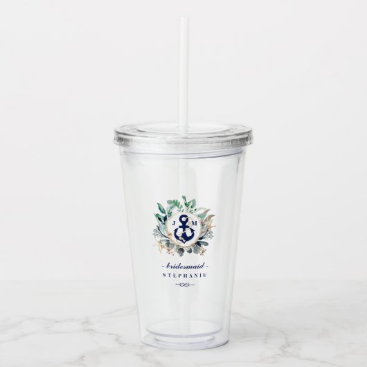Monogram Wreath Navy Anchor Beach Wedding Acryl Drinkbeker (Voorkant)