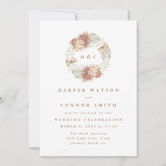 Monogram Wreath Pampas Grass Floral Kaart (Voorkant)