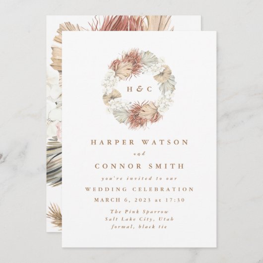 Monogram Wreath Pampas Grass Floral Kaart (Voorkant / Achterkant)