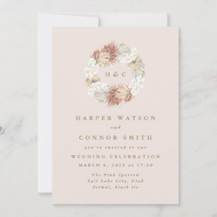 Monogram Wreath Pampas Grass Floral Tropical Blush Kaart
