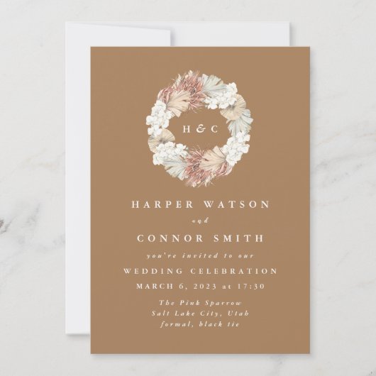 Monogram Wreath Pampas Grass Floral Tropical Kaart (Voorkant)