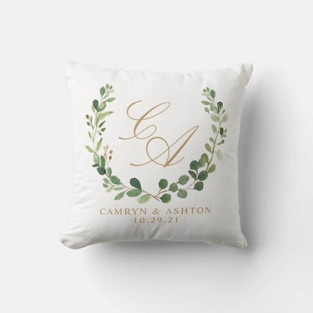 Monogram Wreath Pillow met Greenery Kussen (Voorkant)